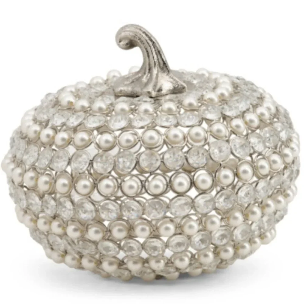 Faux Pearl Crystal Decorative Pumpkin Silver Metal Jewels Elegant Fall Decor 8